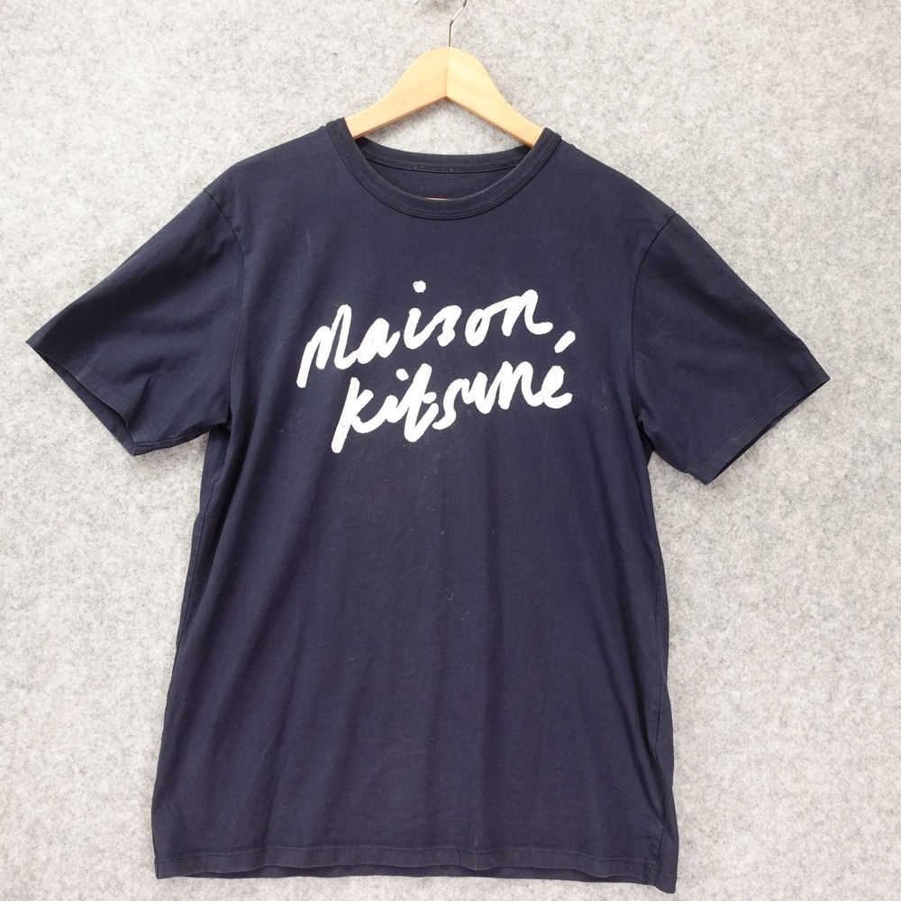 Maison Kitsune T Shirt Mens MEDIUM Navy Graphic Logo Script Classic Tee French